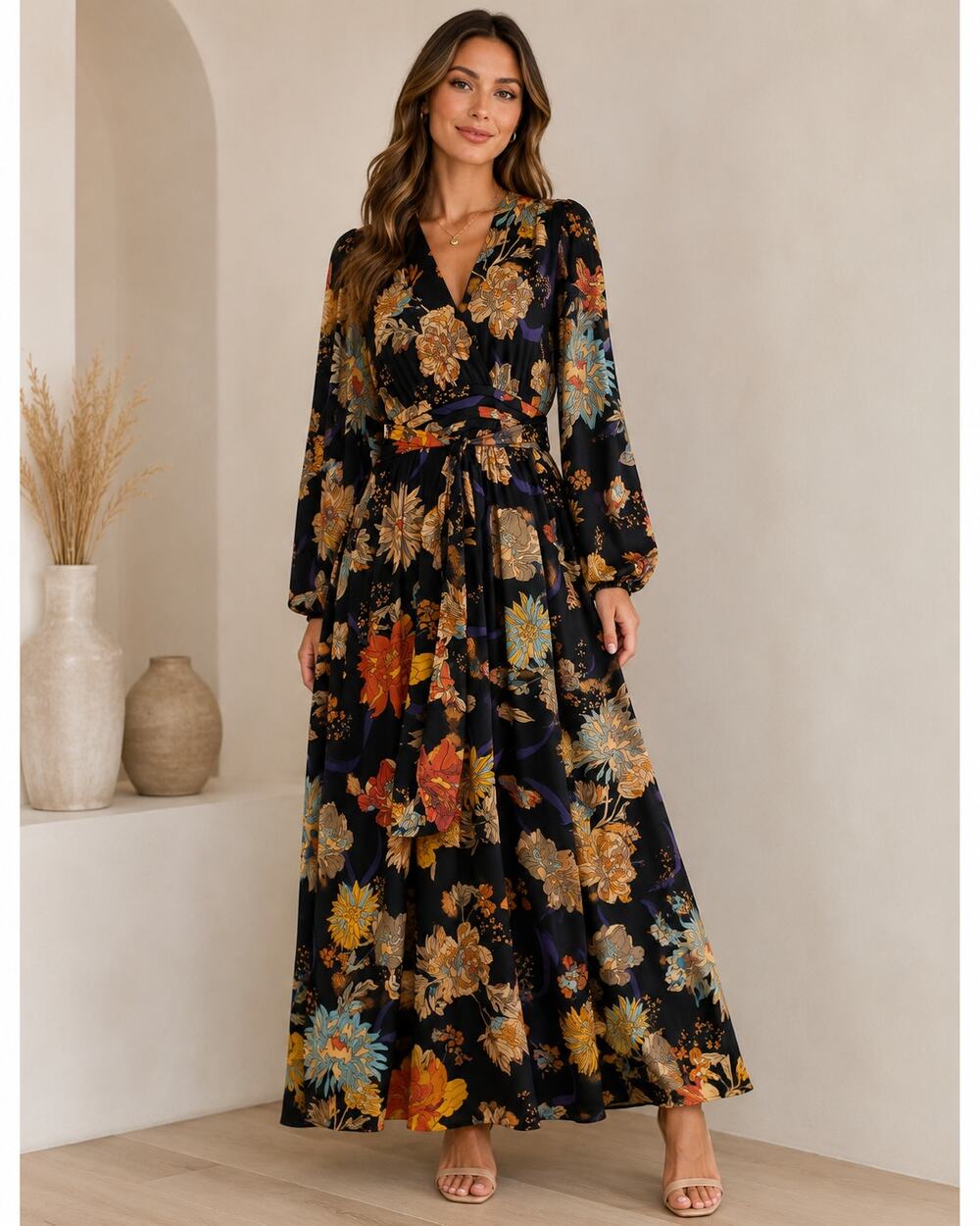Pinch Floral Maxi Dress Size M Balloon Sleeve Tie Waist Split Multicolor Boho